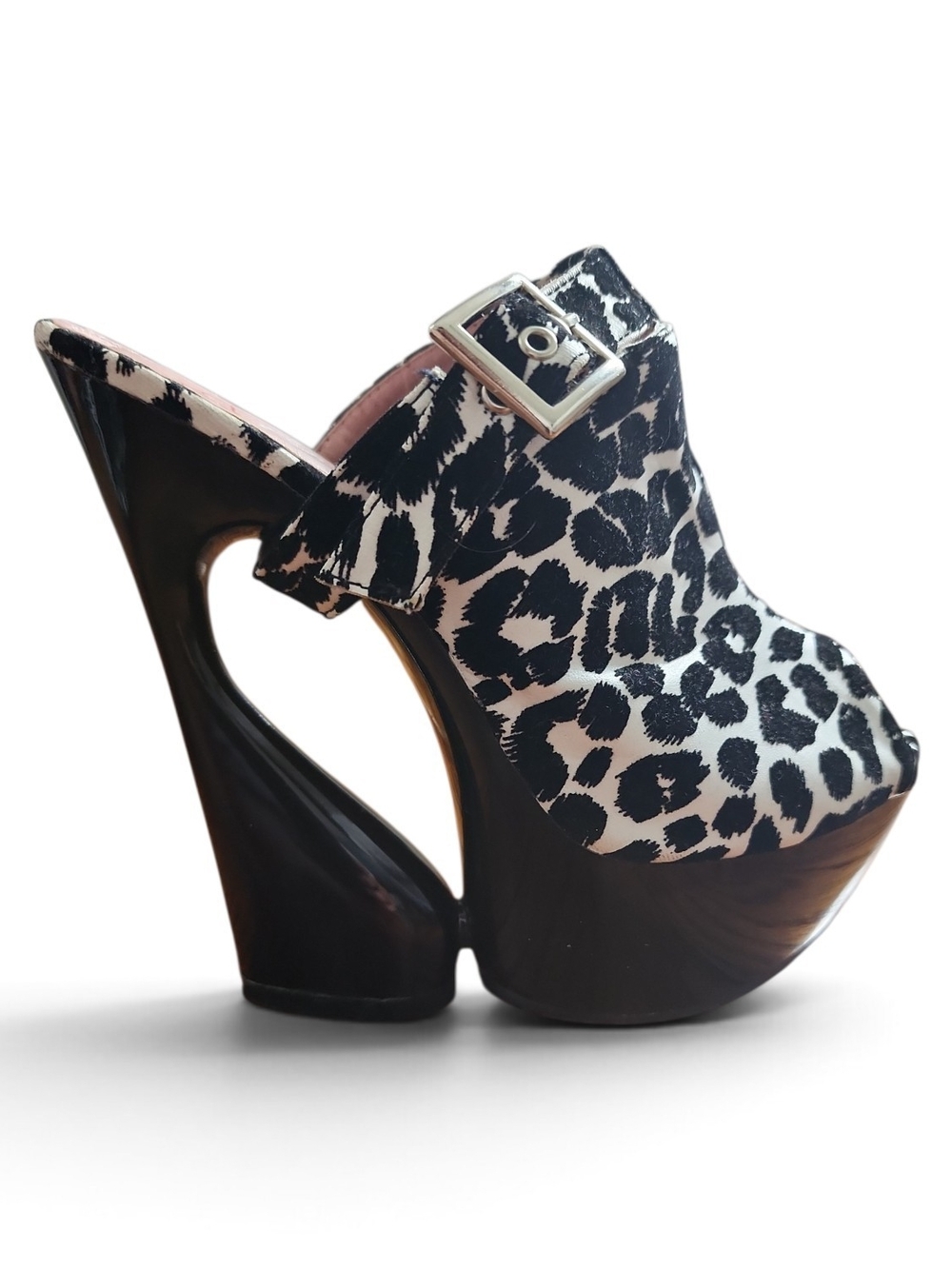 DiDk Leopard Platform Mules Heels Women Sz 6.5 Cutout Heel Y2K Statement Glam